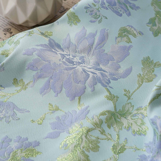 Blue Floral Jacquard Fabric with Gold Foil: 63" Wide Upholstery Fabric