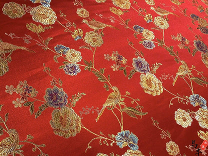 Bird Peony Jacquard Brocade Fabric: Golden Cheongsam Qipao Sewing, 59" Wide