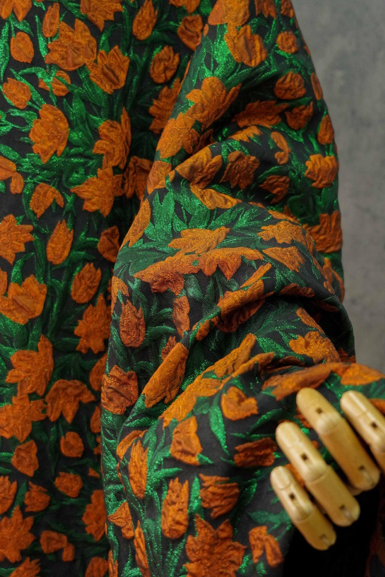 Orange Floral Jacquard Fabric: Gold Foil Upholstery & Sewing (56"W, 1 Meter)