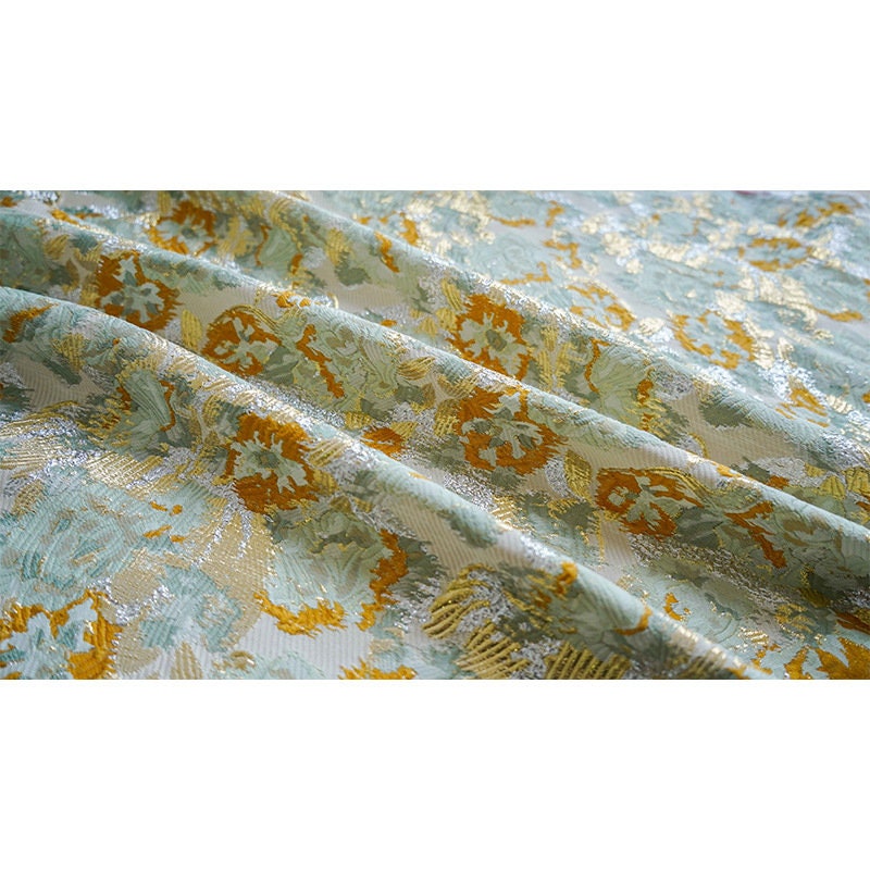 Gold Thread Woven Jacquard Fabric: 3D Embossed Floral, 59"W