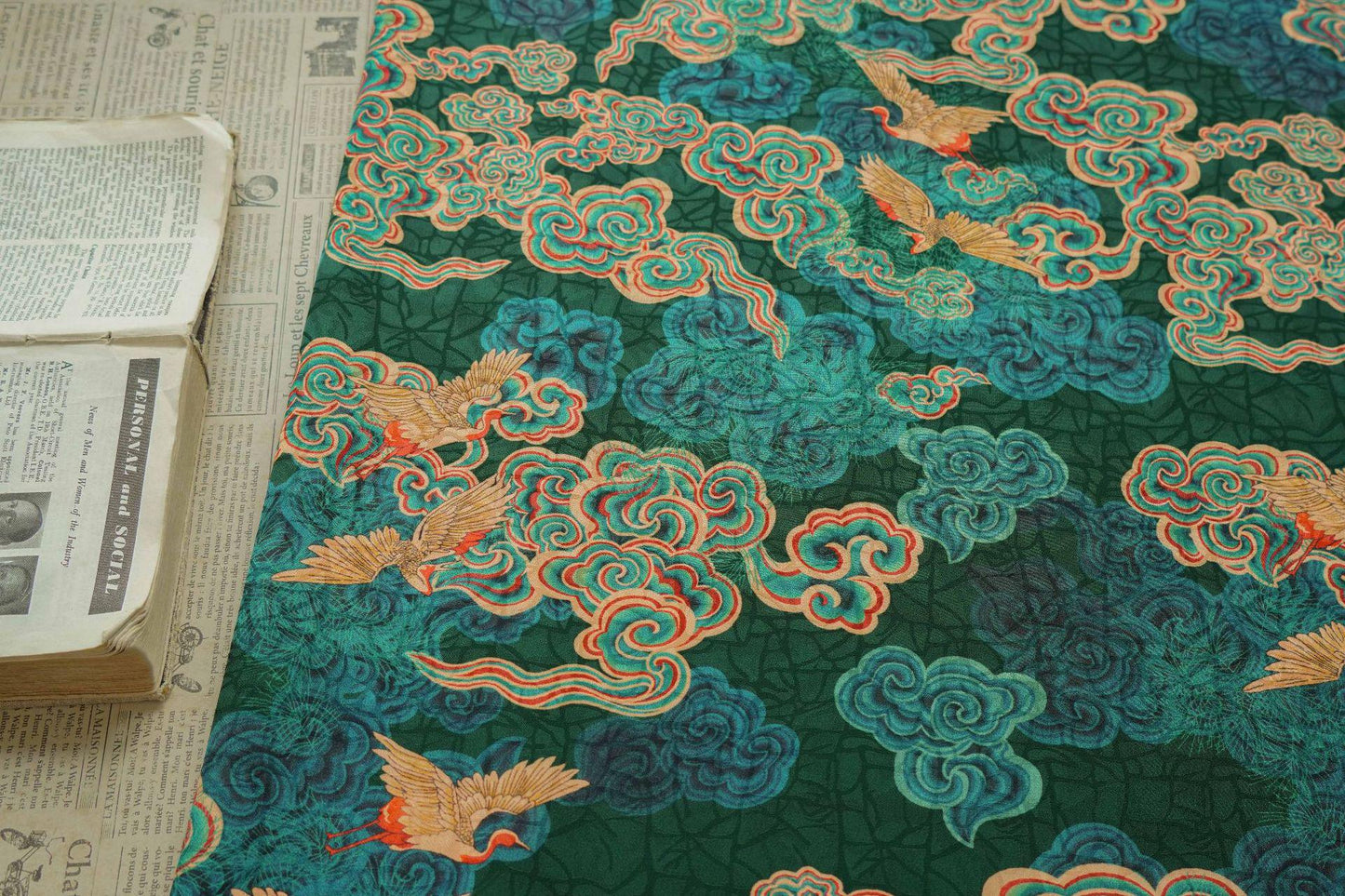 Auspicious Cloud Tea Silk Satin Fabric: Dark Green Upholstery, Costume, Drapery (59"W)