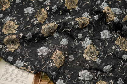 Black Floral Jacquard Fabric: Vintage 3D Designer Material, 65" Wide