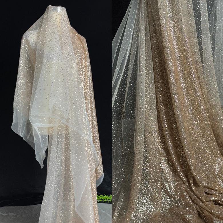 Gold Foil Lace Fabric - Nude Pink Gradient Tulle Mesh (59" Wide)