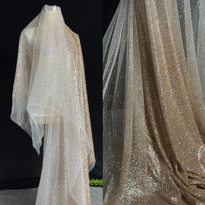 Gold Foil Lace Fabric - Nude Pink Gradient Tulle Mesh (59" Wide)