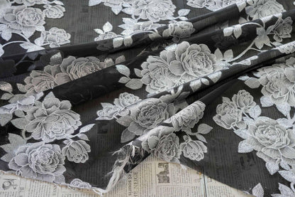 Black and white Peony Silver Thread Jacquard Semi-Sheer Fabric, 55"Wide