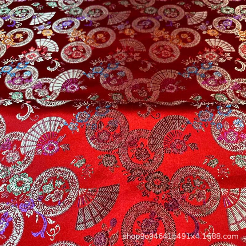 Gold Nishijin Brocade Fabric: Japanese Snow Wheel Fan & Cherry Blossom Silk (59"W)