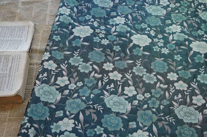Japanese Floral Rayon Cotton Fabric: Blue Kimono Upholstery, 64"W