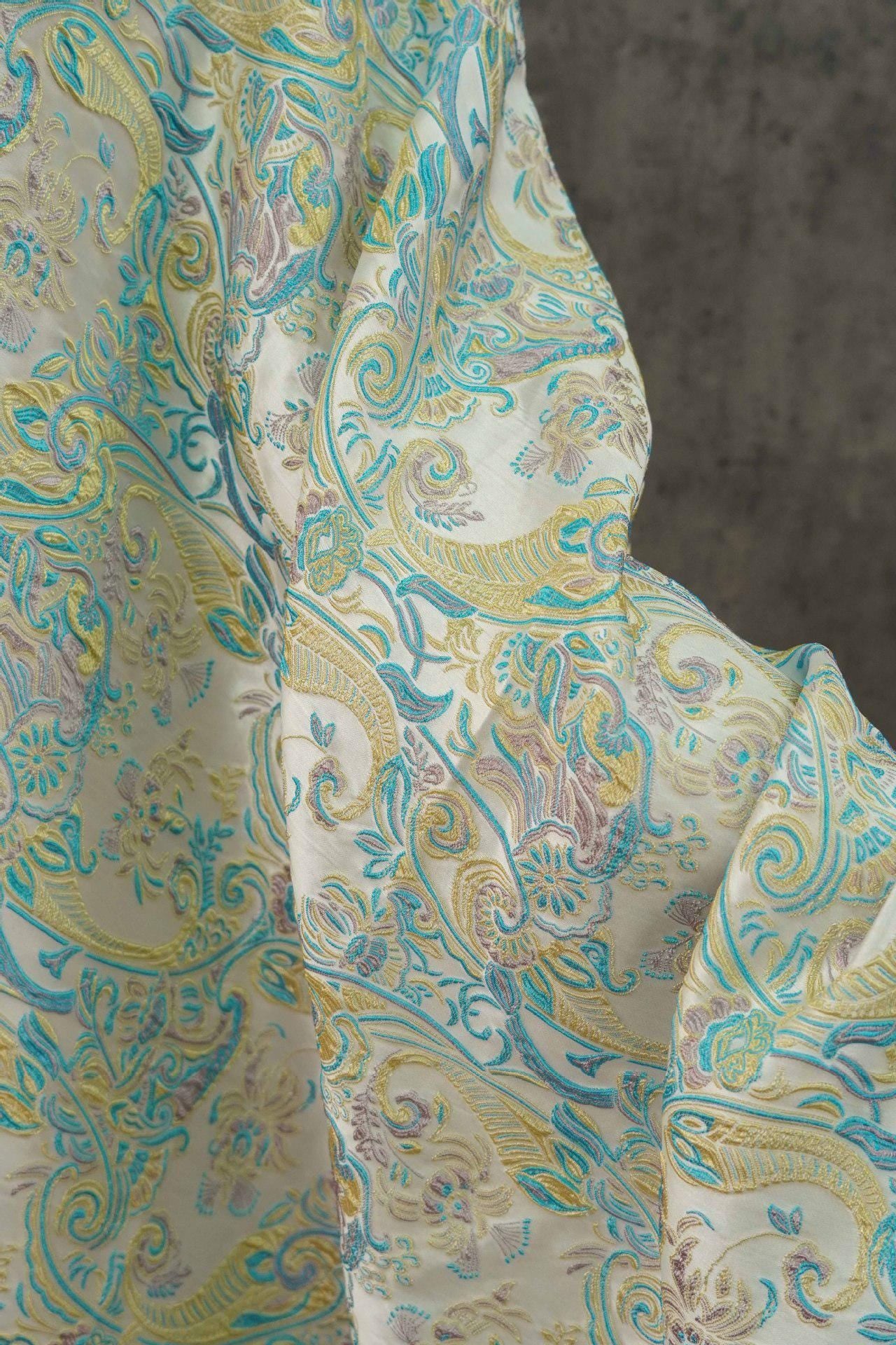 Blue & Yellow Embossed Jacquard Fabric, Palace Damask, 60"W, Meter
