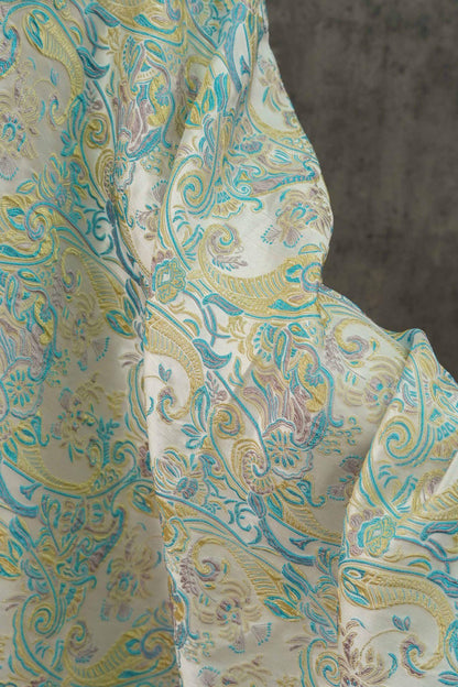 Blue & Yellow Embossed Jacquard Fabric, Palace Damask, 60"W, Meter