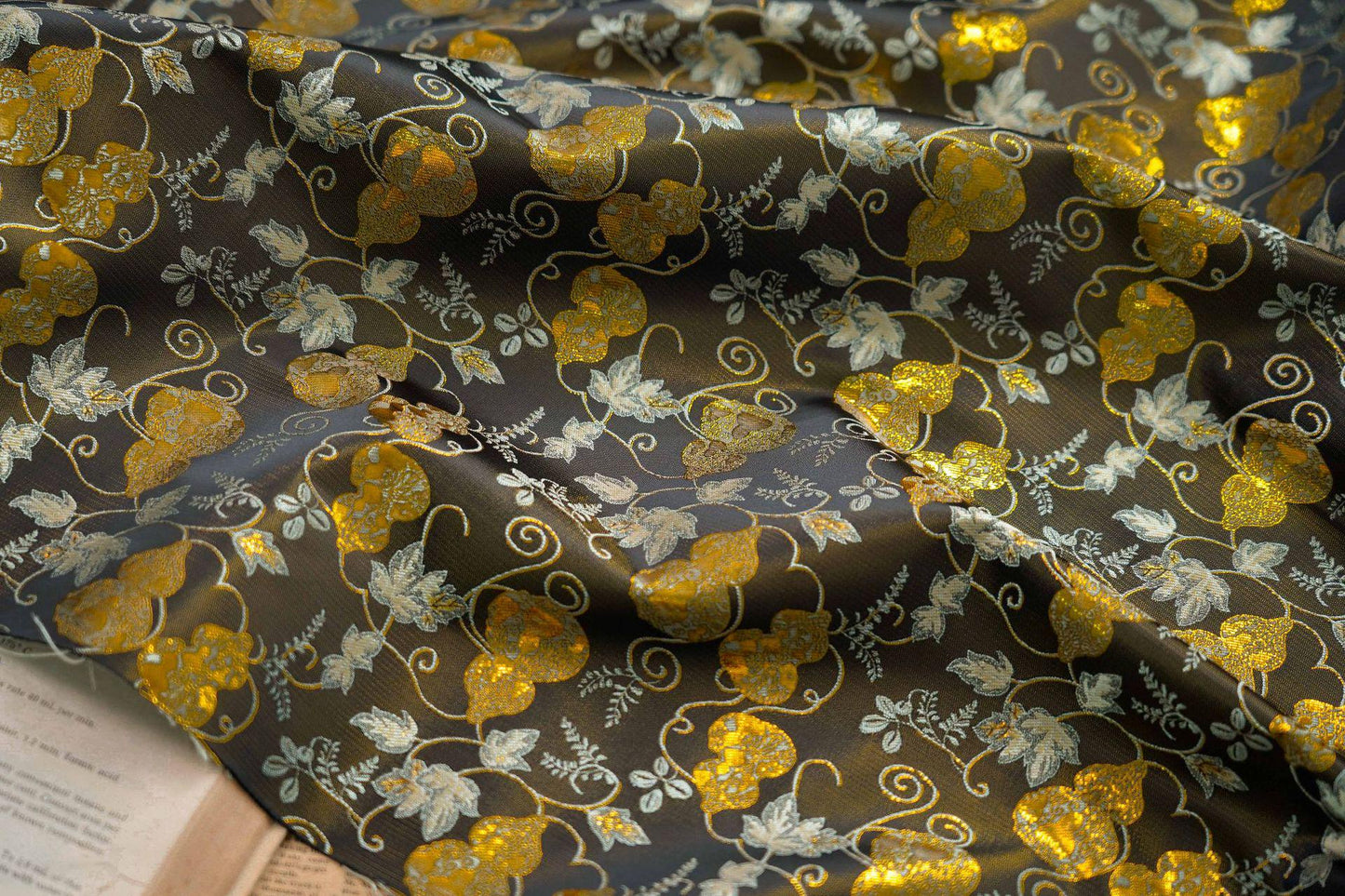 Gold Thread Jacquard Fabric: Black 3D Designer Upholstery, Costume & Sewing (65"W)
