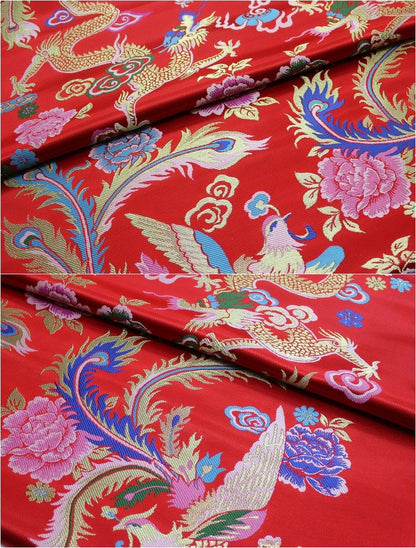 Red Phoenix Brocade Fabric: Chinese Jacquard Satin, Home Decor