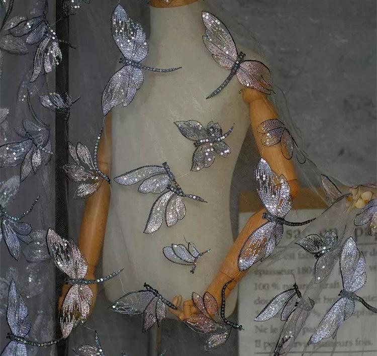 Butterfly Embroidered Sequin Lace Fabric: Two-Tone Tulle Mesh, 59" Wide