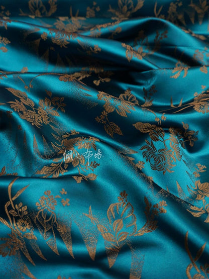 Tissu brocart de soie turquoise : Damas à fleurs de café, 75 cm de large