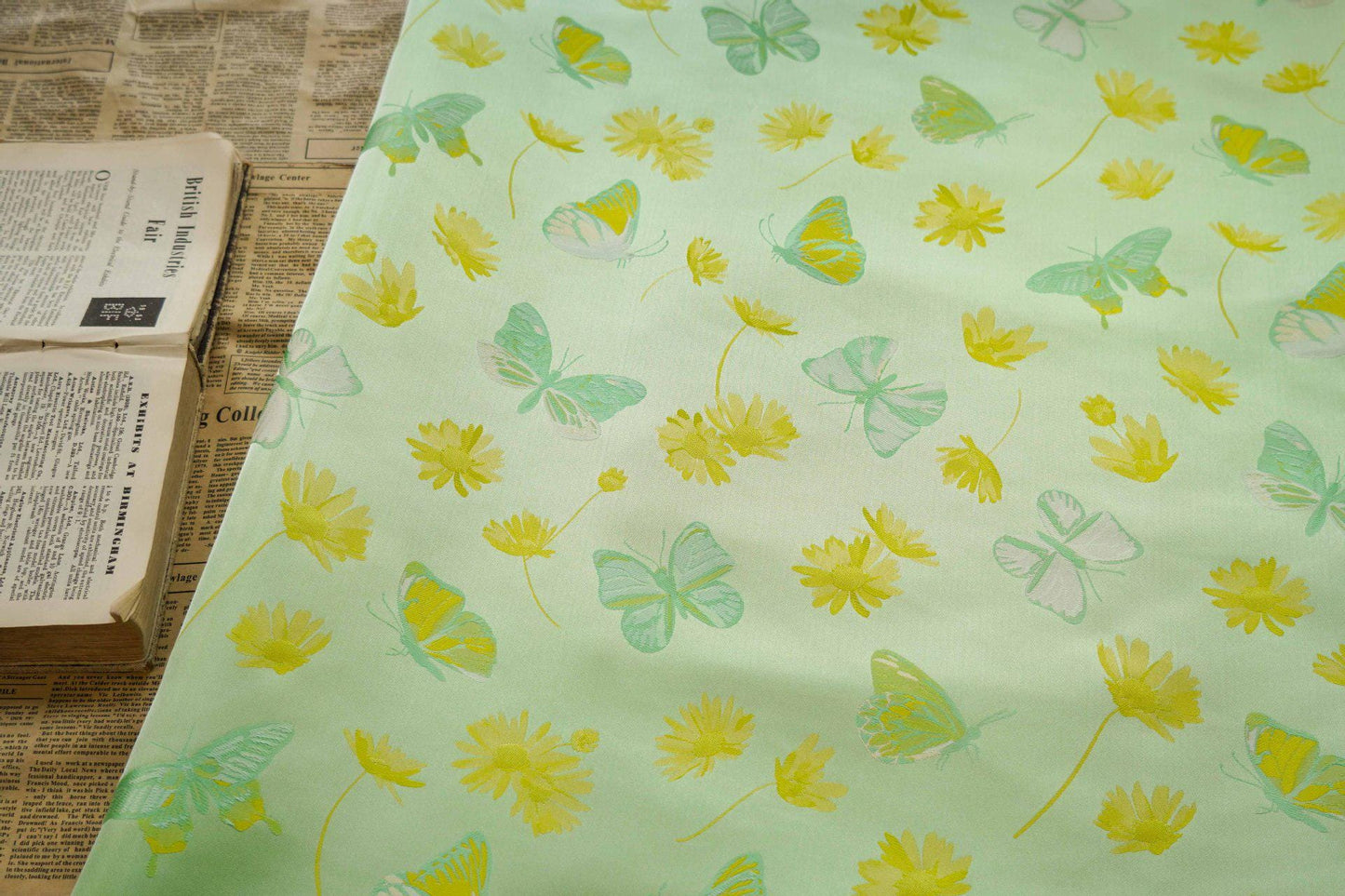 Butterfly Nishijin Fabric: Grass Green Upholstery, Costume, & DIY - 59"W