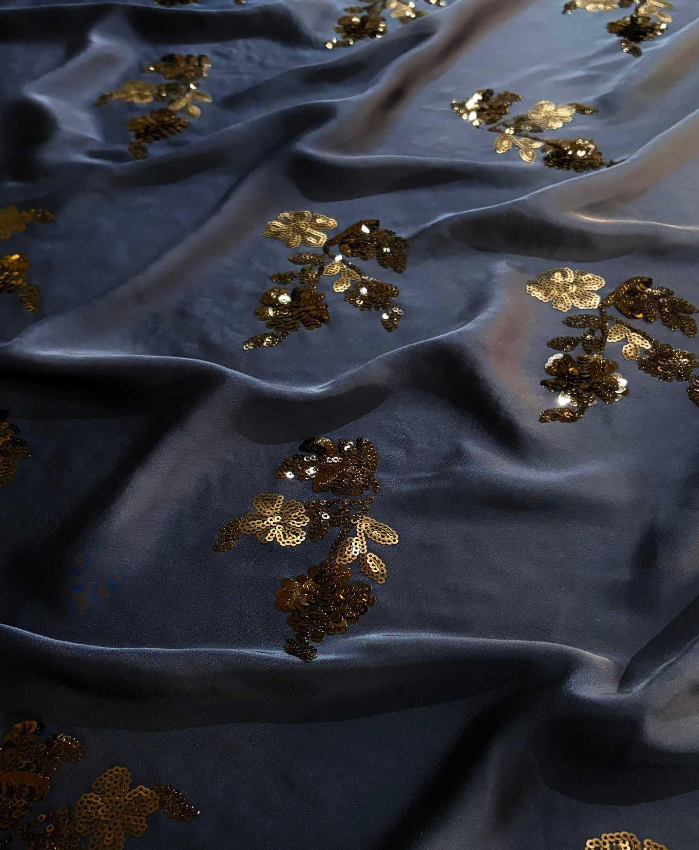 Black Satin Fabric with Gold Sequin Embroidery ��" Wide