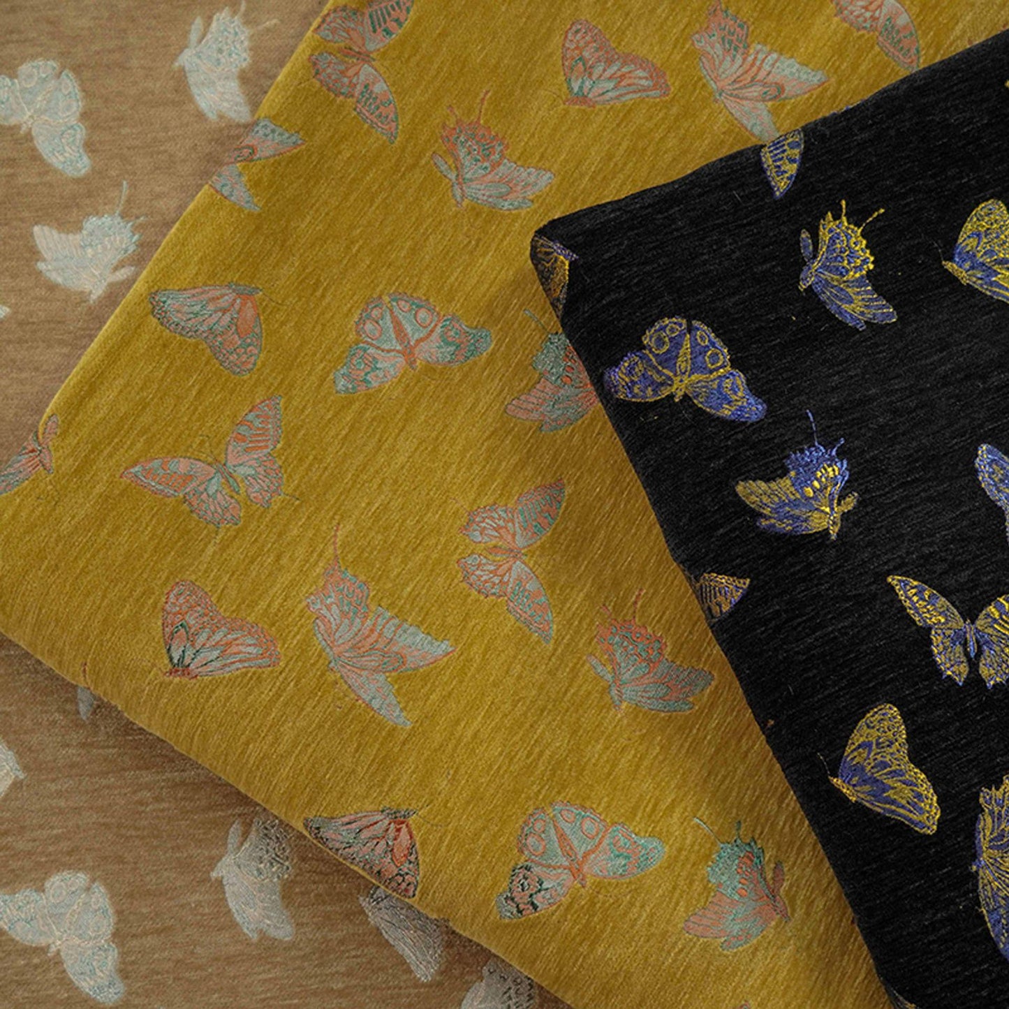 Tissu jacquard chenille papillon : tissu d’ameublement de 150 cm de large, vendu au mètre