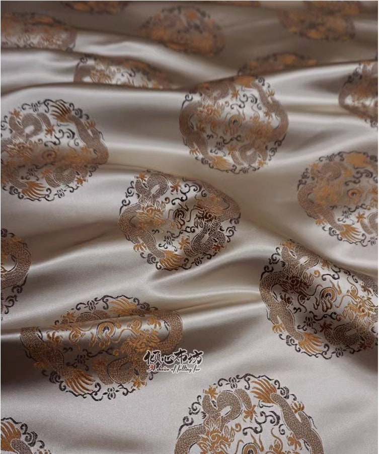 Champagne Chinese Dragon Silk Brocade Fabric: Costume & Decor, 29.5"W