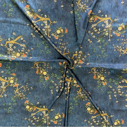 Tissu en soie bleu sarcelle effet thé : satin imprimé floral, 150 cm de large