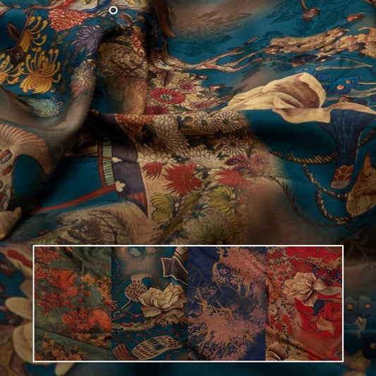 Tissu satin de soie à motif floral thé : gaze cantonaise imprimée numériquement de 150 cm de large