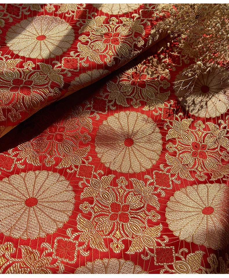 Lotus Brocade Fabric: 29.5"W Red & Gold Rayon Upholstery