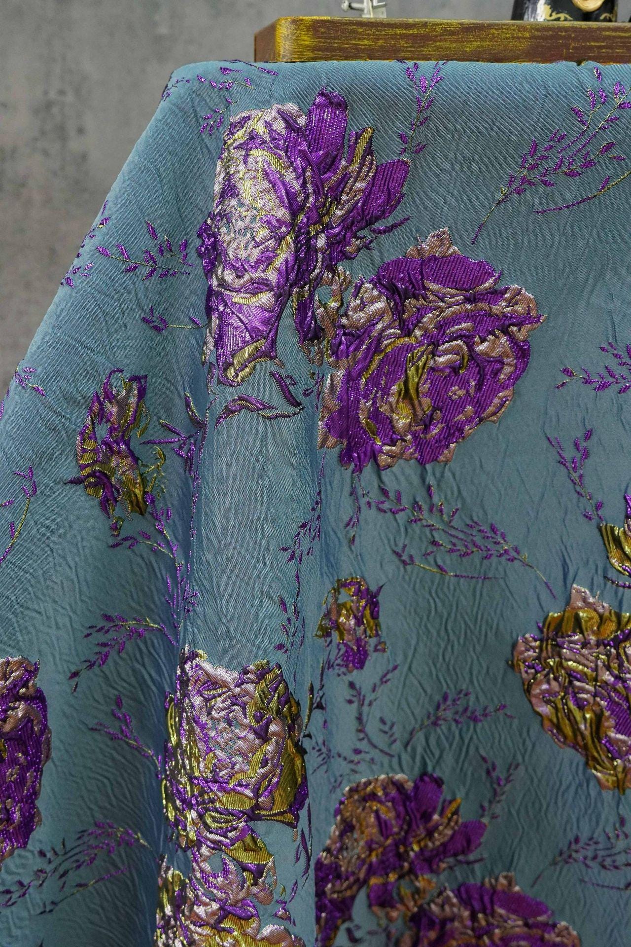 Gold Thread Jacquard Fabric: 3D Designer Prom Fabric, 63" Wide