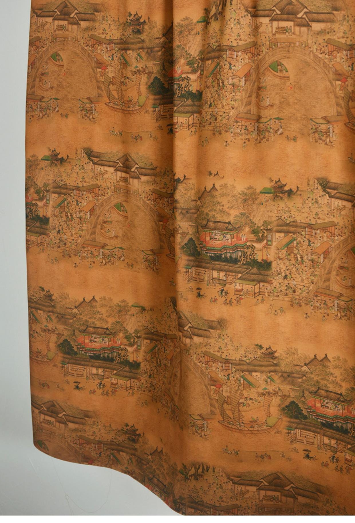Tissu en coton pour la fête de Qingming : imprimé paysage fluvial, 140 cm de large