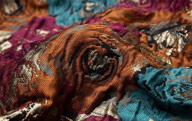 Rose Jacquard Fabric with Gold Thread: 3D Designer Material, 57"W