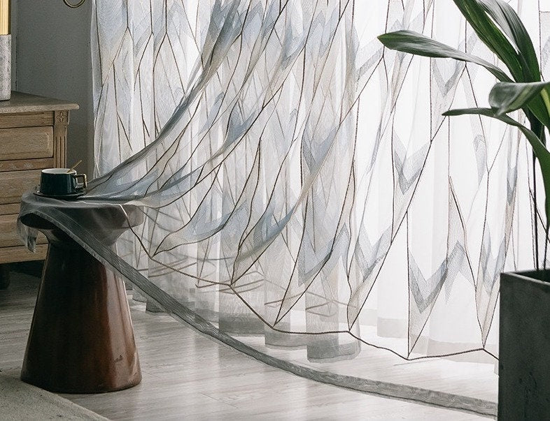 Tissu pour rideaux brodé géométrique : Voile moderne en polyester transparent