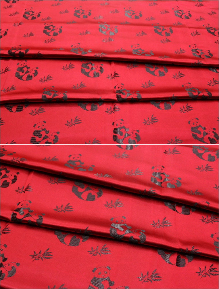 Tissu satiné brodé Panda : tissu de couture chinois à motifs de feuilles de bambou (largeur 45")