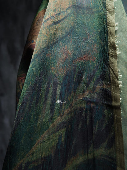 Dark Green Silk Satin Fabric: Dunhuang Pattern Sewing Material, 55"W