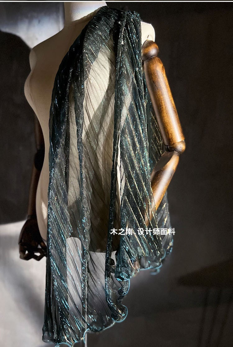Peacock Blue Glitter Pleated Mesh Fabric, 59" Wide, Stiff Organza