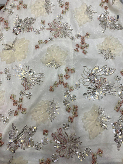 Embroidered Sequin Chiffon Fabric - Colorful Floral Design (45"W)