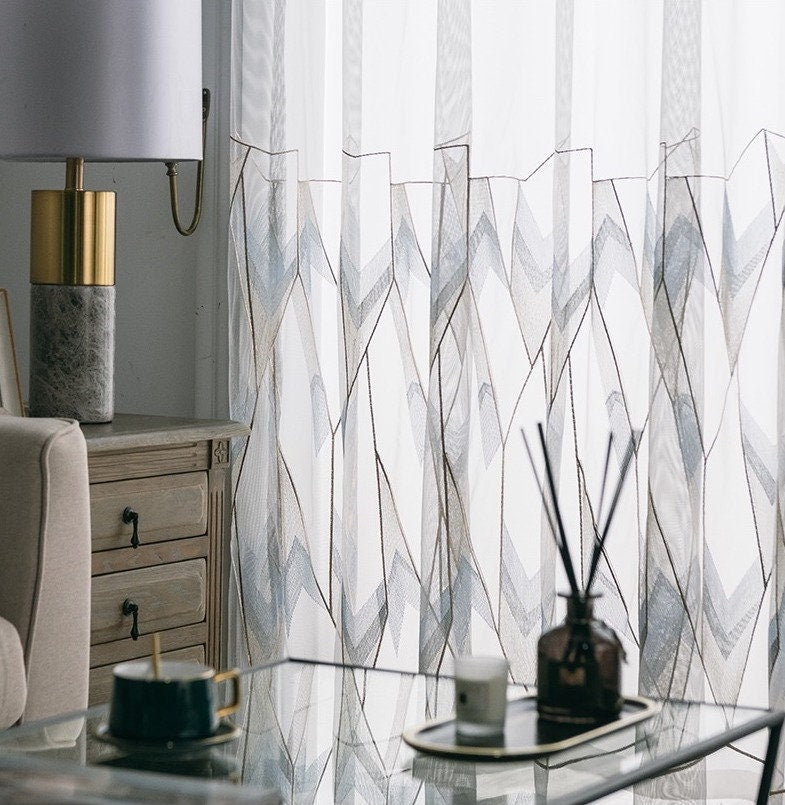 Tissu pour rideaux brodé géométrique : Voile moderne en polyester transparent