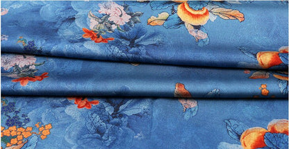 Tissu satiné bleu paon, imprimé floral, 150 cm de large