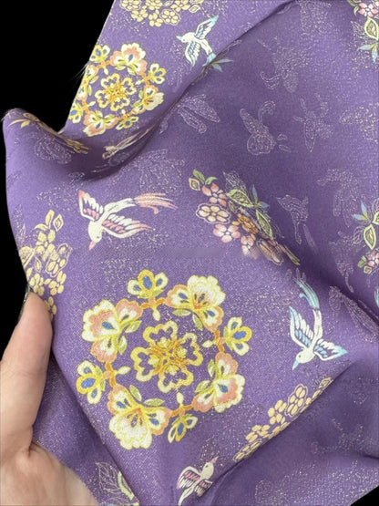 Purple Floral Brocade Fabric: Rayon & Gold Thread Chinese Style Medallion, 55"W