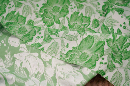 Tissu jacquard à motif de feuilles vertes : texture peinture à l’huile 3D, 135 cm de large