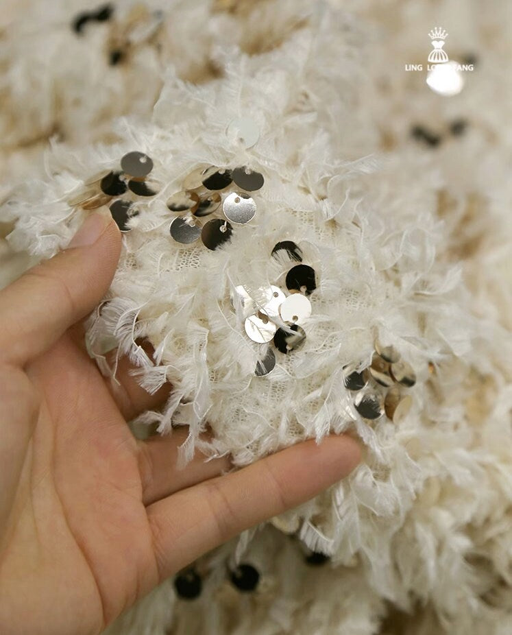 Tissu en dentelle à franges de plumes et sequins, maille à pompons, 145 cm de large