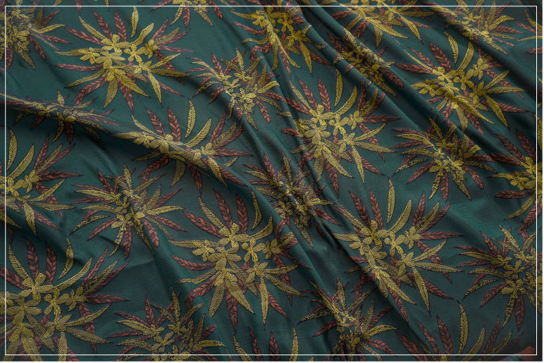 Tissu jacquard réversible vert foncé : revêtement d’ameublement tissé à motif floral en relief, 162,5 cm de large