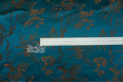 Tissu brocart de soie turquoise : Damas à fleurs de café, 75 cm de large