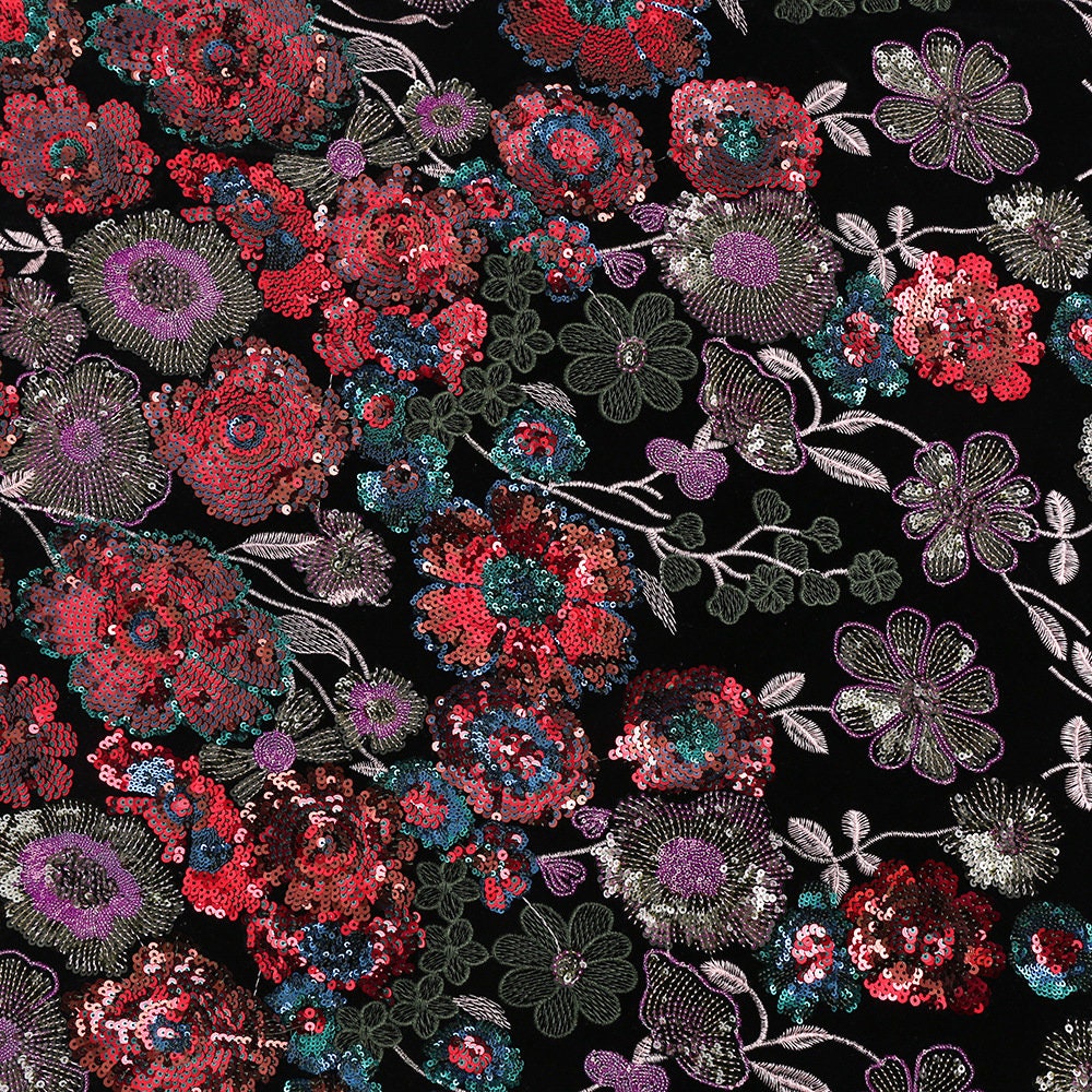 Embroidered Velvet Fabric: Bamboo Floral, 49��� Wide - Cheongsam, Upho