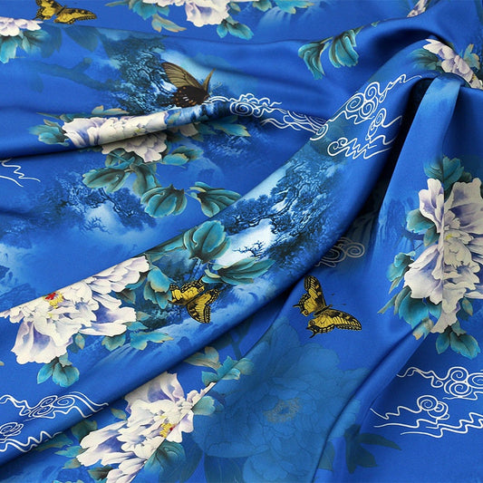 Butterfly Floral Print Fabric: Blue Botanical Polyester Spandex Blend