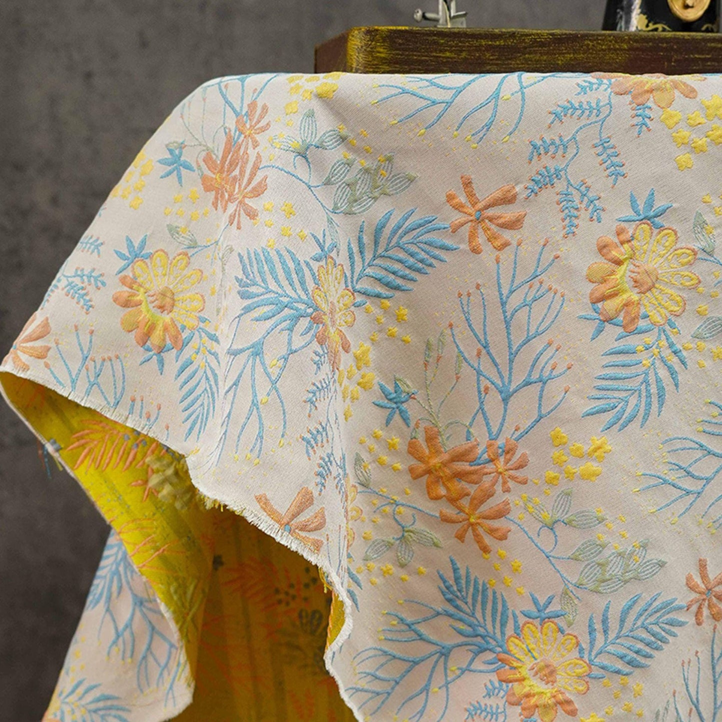 Reversible Jacquard Woven Fabric: Blue & Yellow Floral Upholstery, Costume, Decor - 64"W