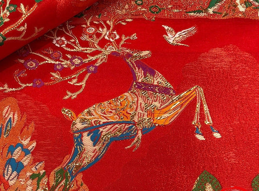 Christmas Reindeer Jacquard Brocade Fabric: Red Damask Sewing Material