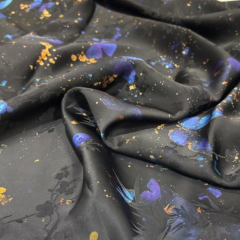 Teal & Black Floral Mulberry Silk Fabric: 55"W Digital Print