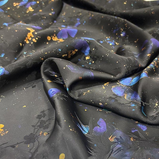Tissu en soie de mûrier à motif floral turquoise et noir : impression numérique de 140 cm de large