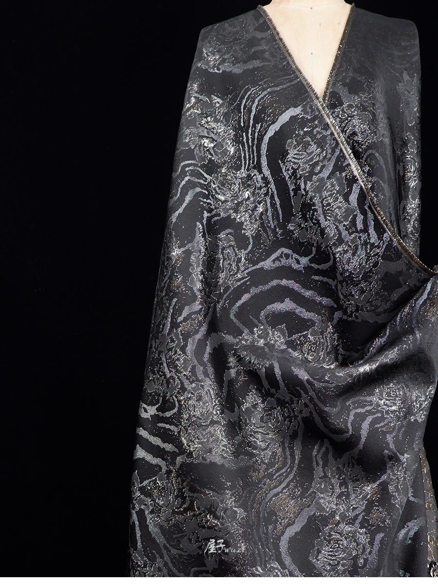 Gold & Silver Rose Polyester Fabric: Shiny Designer Material, 45"W