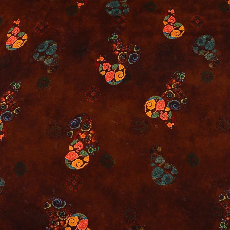 Brown Silk Fabric: Gourd Xiangyun Print, Cheongsam Dressmaking, 59" Wide
