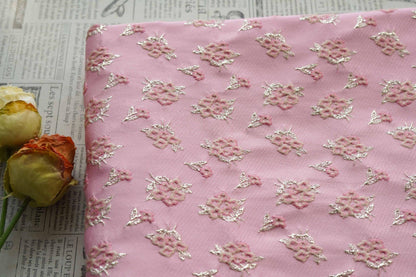 Pink Floral Jacquard Fabric: Gold Thread Brocade, Luxury Dressmaking Fabric