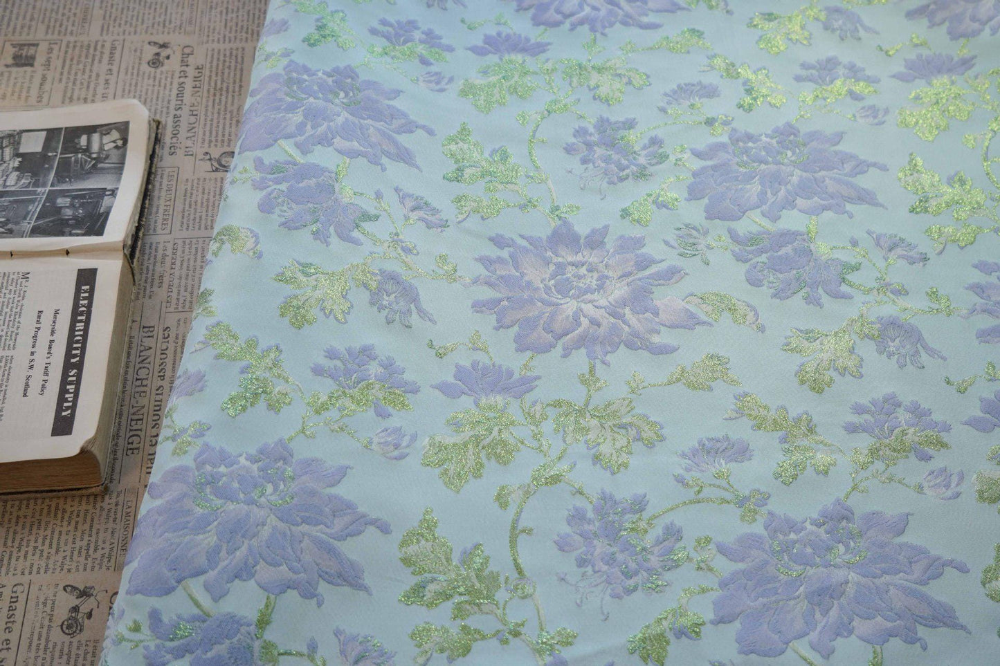 Blue Floral Jacquard Fabric with Gold Foil: 63" Wide Upholstery Fabric