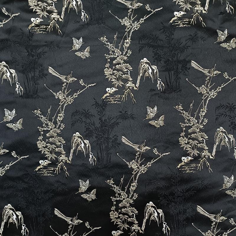 Black Butterfly Brocade Fabric: 55"W Cheongsam Qipao Sewing Material
